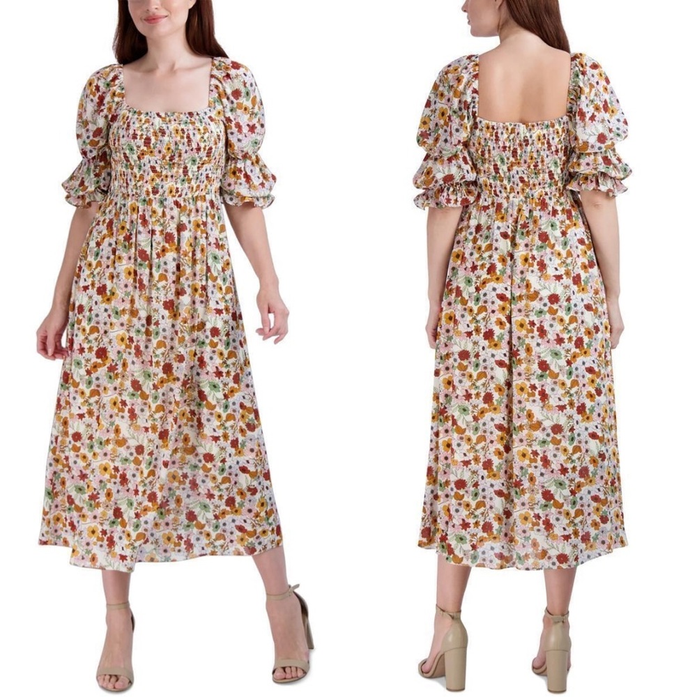 BCBGeneration Floral Smocked Midi Dress Floral Print in Red Orange Pink - 4